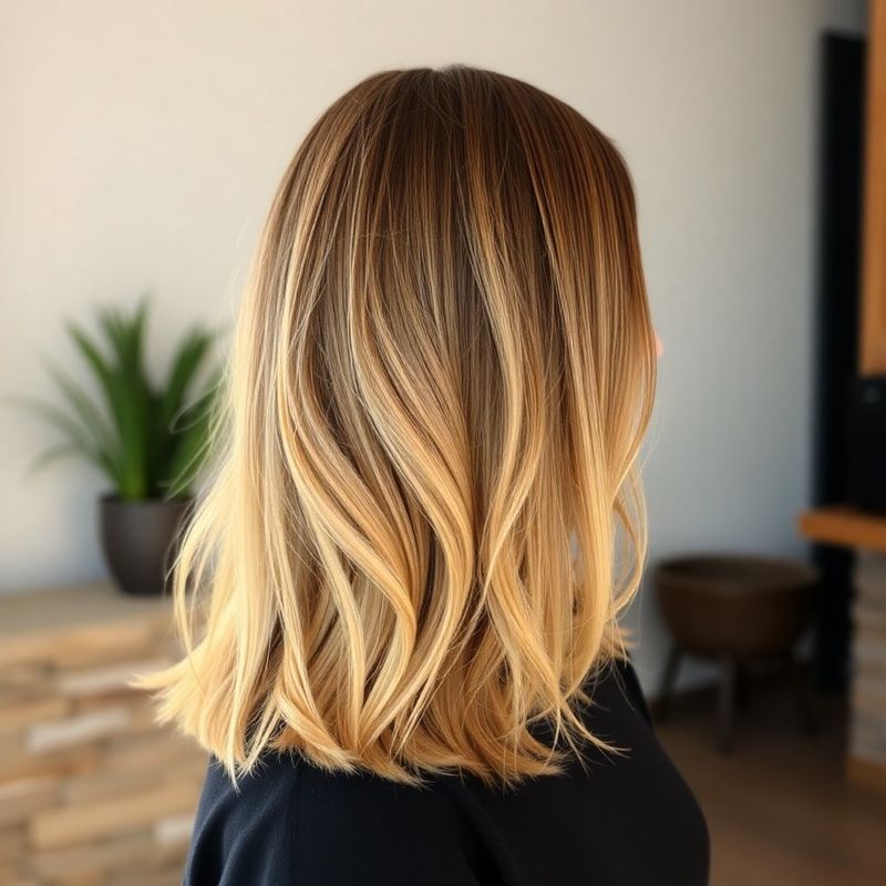 Freshly completed balayage on medium-length hair, amber-lit