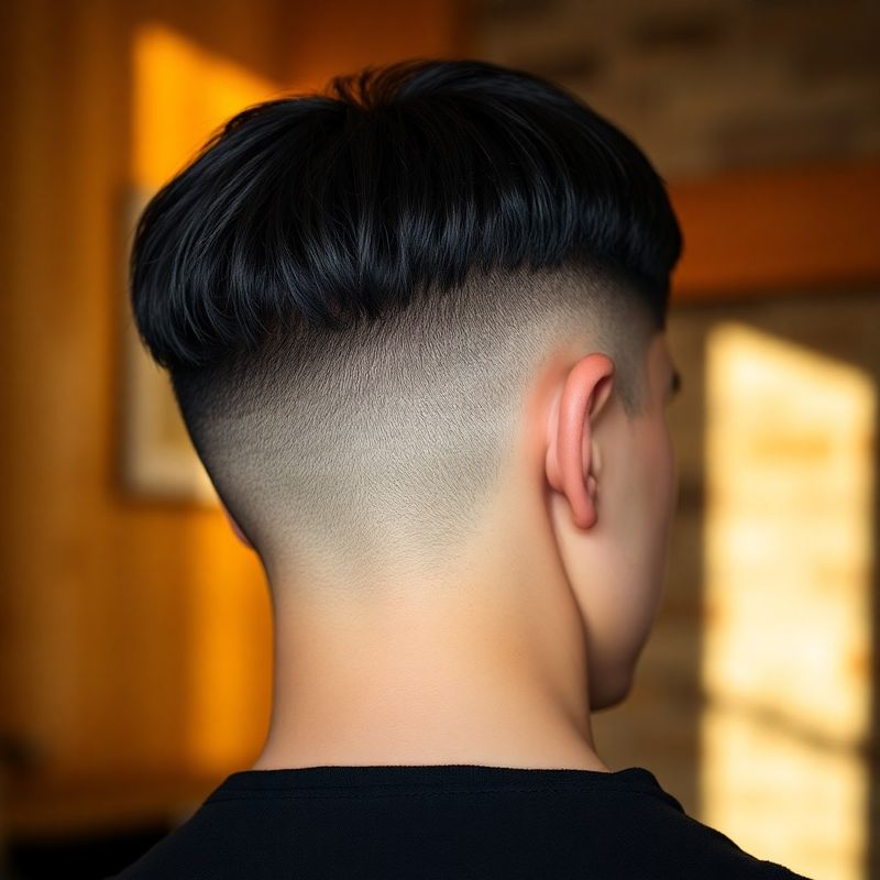 Close-up of a precision haircut on dark hair, amber-lit