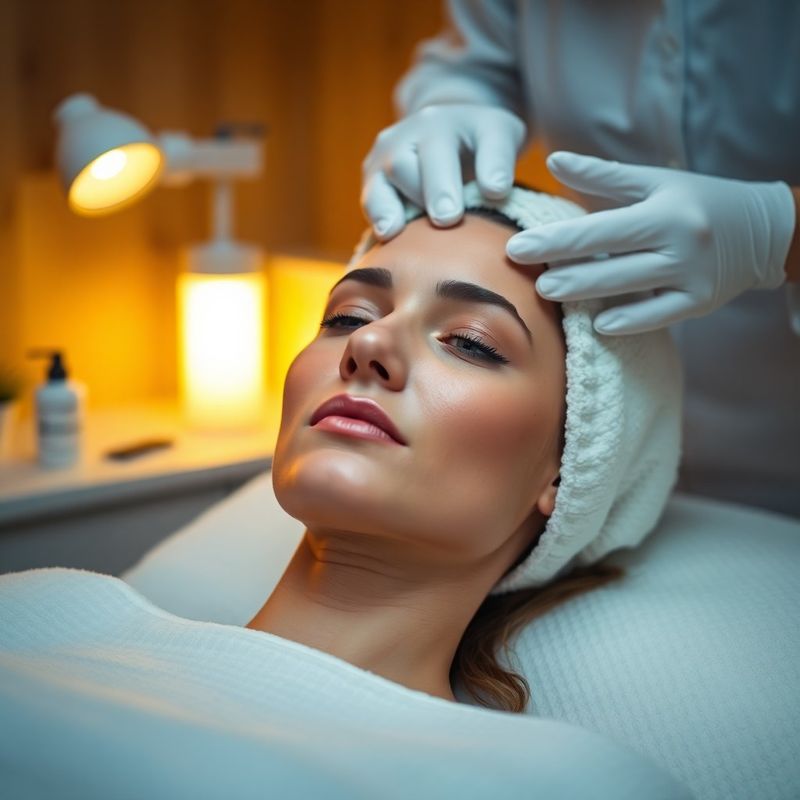Woman receiving a facial treatment in an amber-lit treatment room